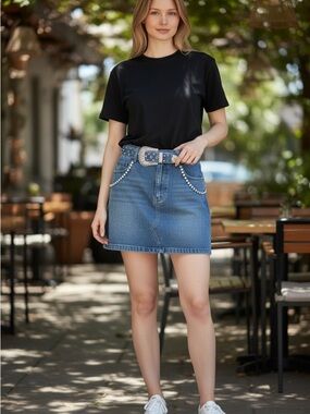 ⭐️ Show Me Your Mumu Rhinestone Denim Mini Skirt + Belt | Size L ⭐️